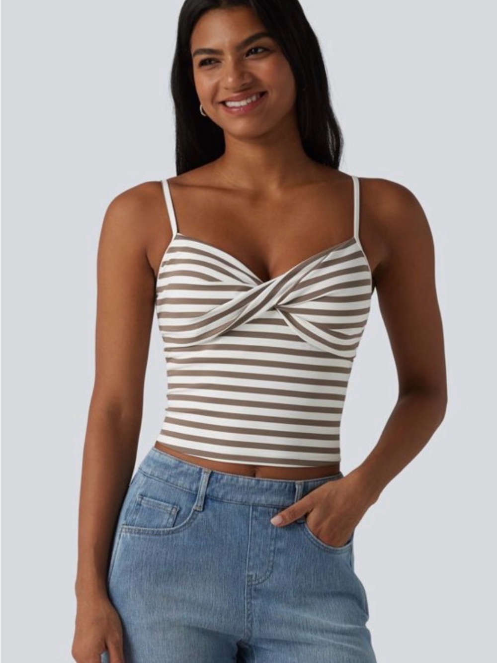 HALARA Striped Twist-Front Crop Cami - White & Taupe